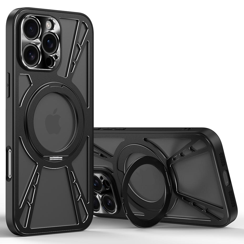 For iPhone 16 Pro Case Magnetic Kickstand Hollow Heat Dissipation Silicone+PC+Metal Bumper Phone Cover
