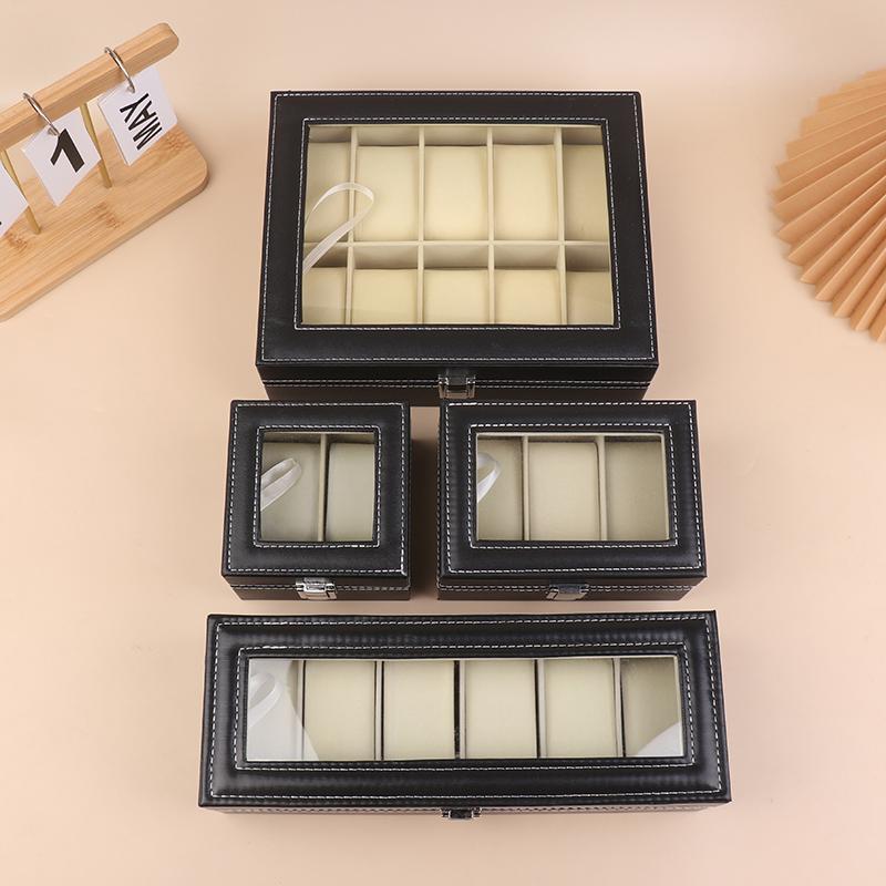 1 Stück Schwarze PU-Leder-Uhrenbox Vitrine Organizer Mit Glasdeckel mit Rahmen Und Herausnehmbarem Kissen Für Männer Und Frauen