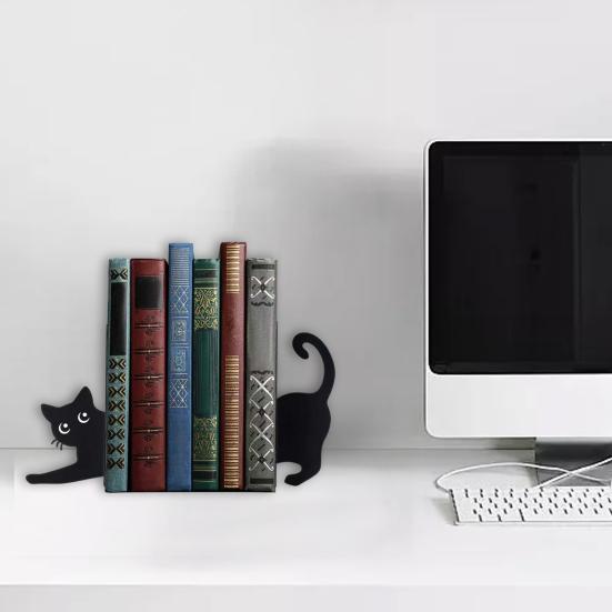 1 Pair Cute Cat-Shaped Bookends Decorative Wooden Book Stoppers for Shelves Desks Corner Shelf Organizer Adorable Home Office Decor Gift for Cat
