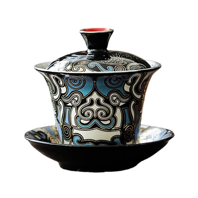 Gold & Silver Inlay Gaiwan Tea Set: Chinese Taotie Teapot with Gilded Teacup & Infuser