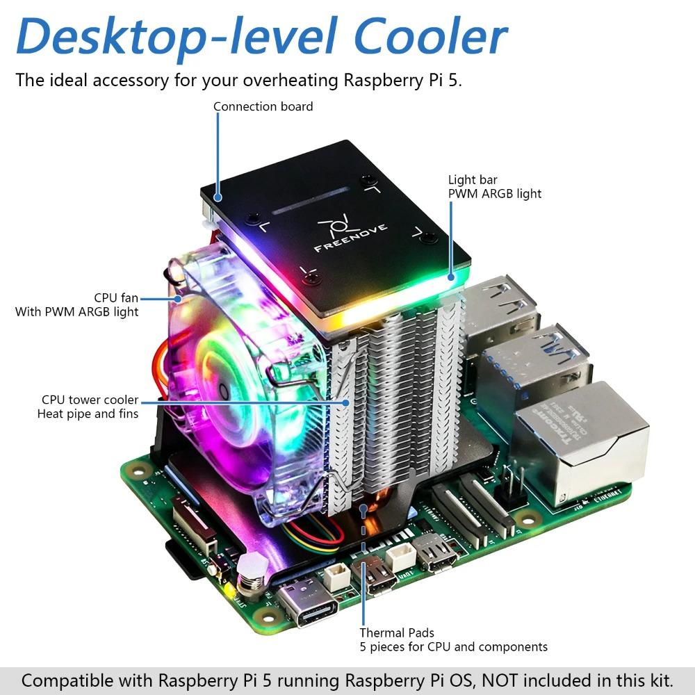 Refroidisseur Actif Freenove pour Raspberry Pi 5 Dissipateur Thermique, 1 / 2 Ventilateurs PWM Synchronisation Lumière ARGB, Écran OLED, Modes de Refroidissement et d'Éclairage Multiples