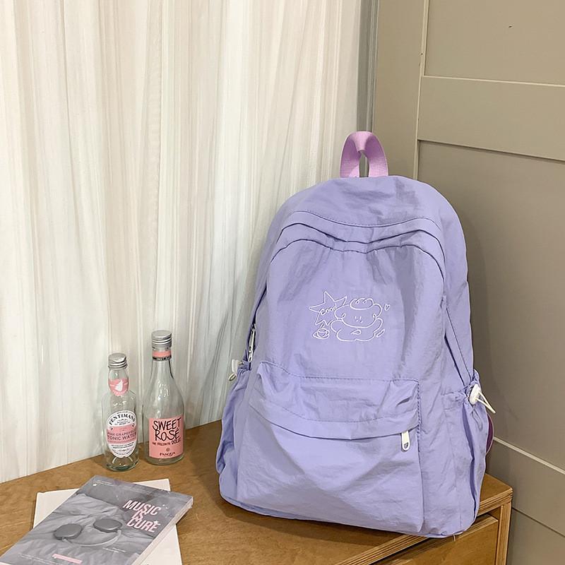 

Color Dog Solid Embroidered Nylon Backpack Lightweight Schoolbag For Students Purple
