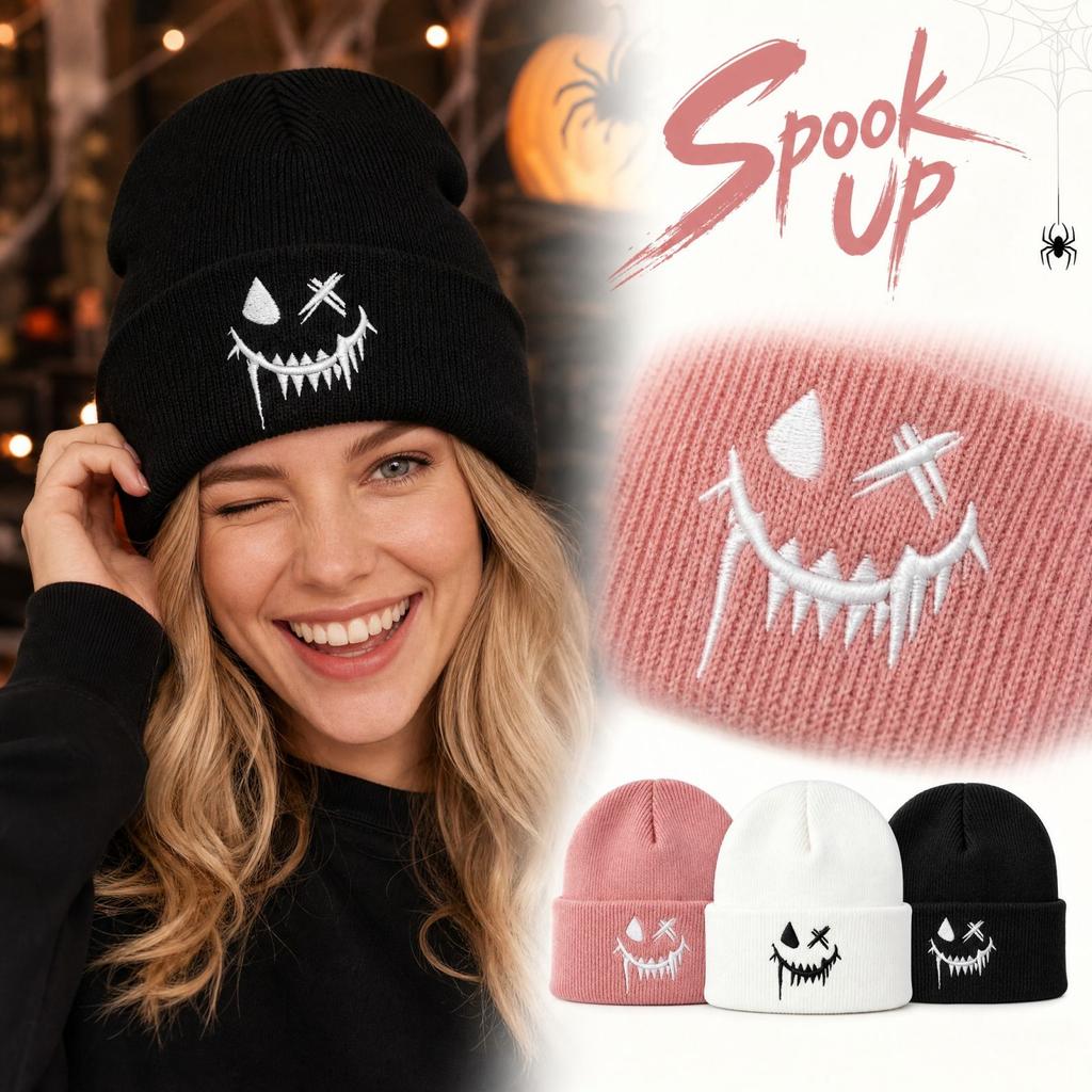 Halloween Embroidered Pumpkin Knit - Funny Novelty Winter Hat for Men and Women