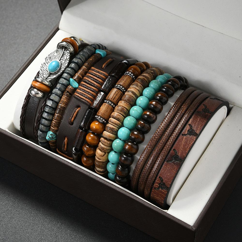 TEMU Xiyin's new 12-piece set of beaded bracelets cross-border coconut shell wooden bead elastic men's bracelets do not contain boxes.