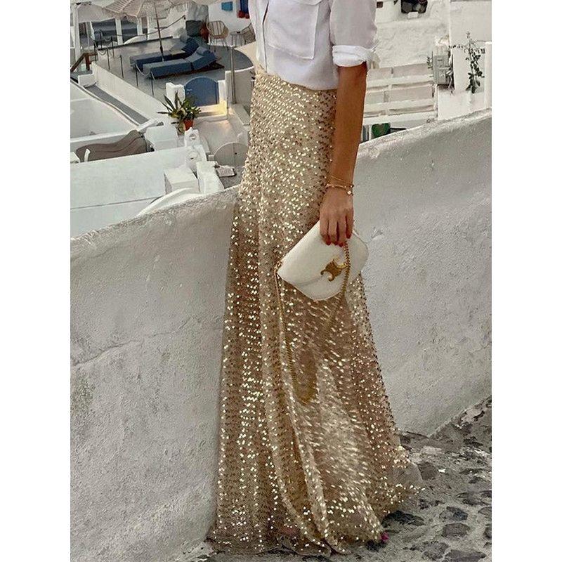 2025 Spring and Summer Cross-Border European and American Amazon Independent Station Women Perspective Sequins Sexy Long Skirt Half Skirt