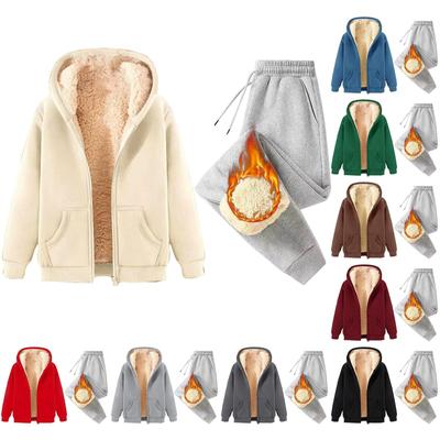 Women's Fashion Solid Colour  And Winter Padded And Thickened Zip Hooded Sweatshirt Jacket Sweatpants Casual Two-Piece Set
