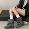 New bow short boots women's ballet style retro old short tube pleated black boots women's original