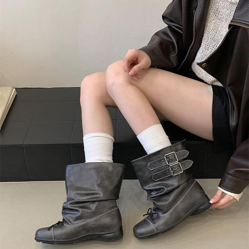 New bow short boots women's ballet style retro old short tube pleated black boots women's original