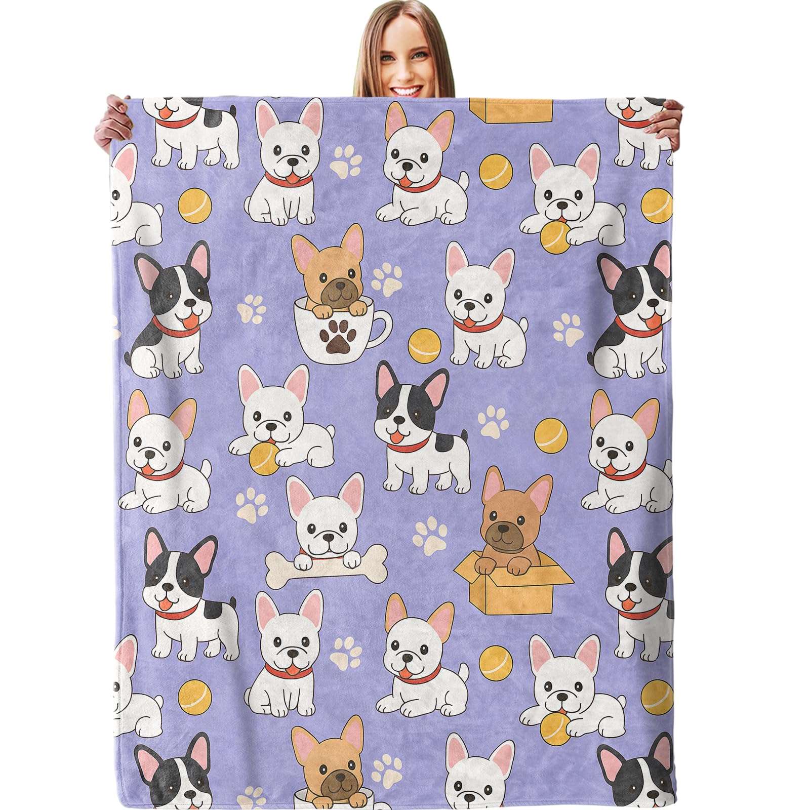 Cute French Bulldog Blanket Soft Cozy Flannel Warm Bed Throw Blanket for Couch Sofa Camping Office Travel Home Bedroom Decor 75x90cm