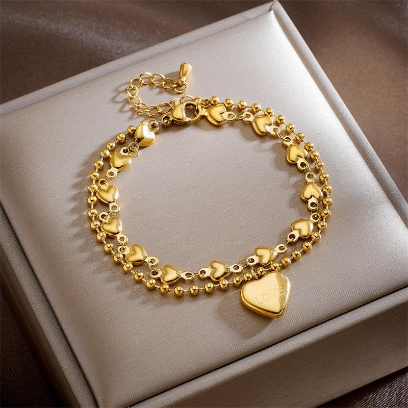 Women s Stainless Steel Double Layer Heart Charm Bracelet one size