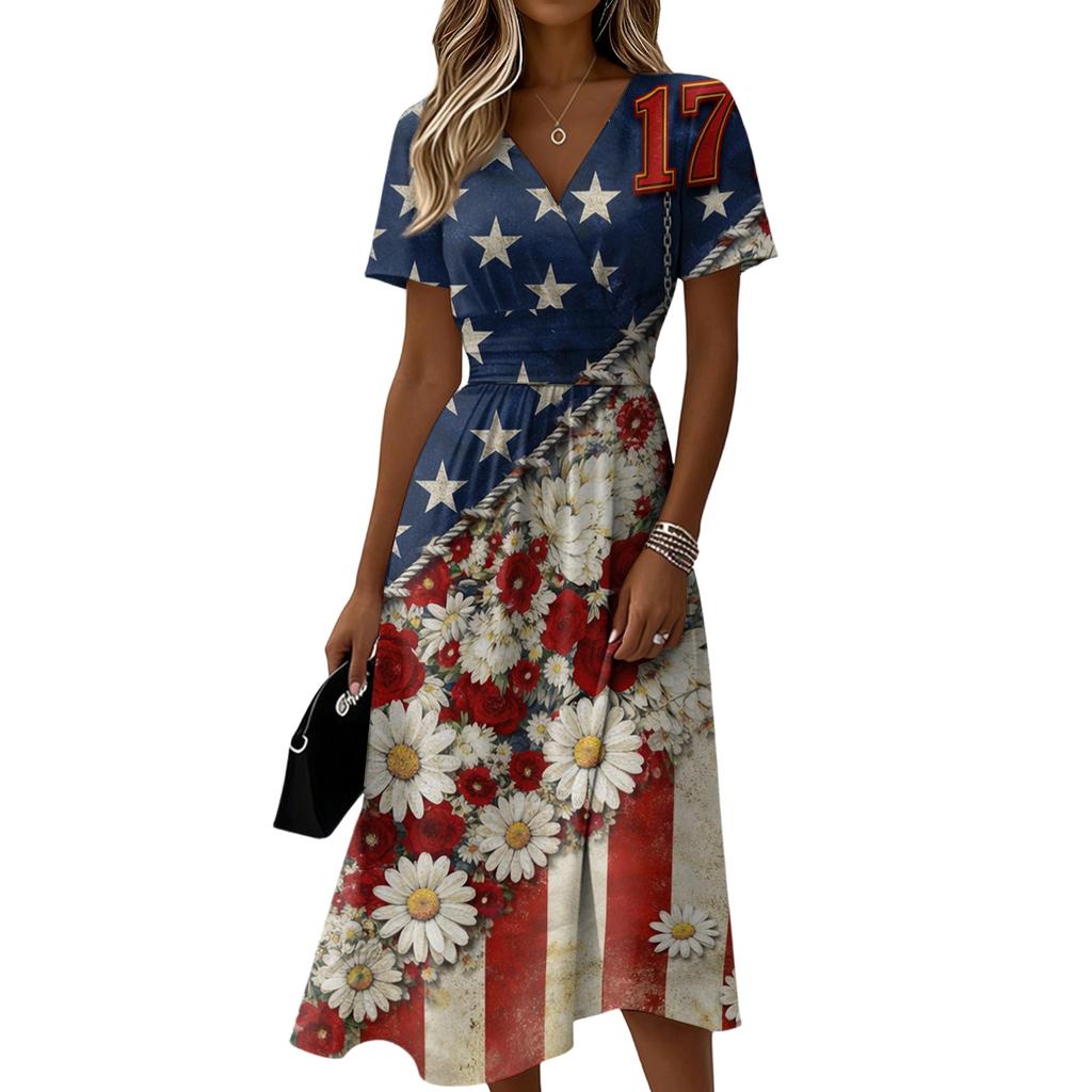 Women's Independence Day Print Casual Fashion Short Sleeve V-Neck Dress