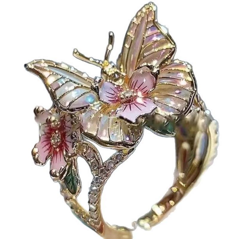 Exquisite Glittering Diamond-drop Oil Butterfly Flower Ring - Sweet, Sophisticated, with A Touch of Uniqueness, Suitable for Daily Wear, for Women.