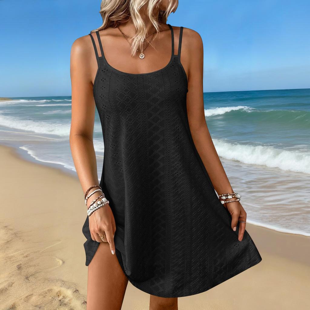 Womens  Cover Up Beach Vacation Tank Dress Eyelet Spaghetti Strap Summer Sundress