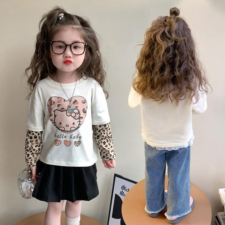 Girls' Spring & Autumn Korean Style Two-in-One Cartoon Print Long Sleeve T-Shirt - Stylish & Casual
