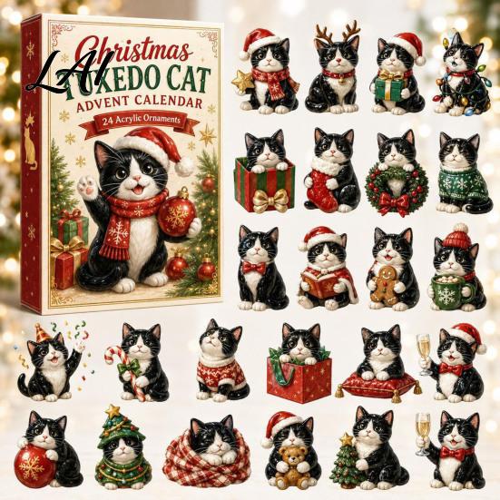 Holiday Decoration for Kids Christmas Cat Advent Calendar 24 Day Countdown with Cute Ornaments Gifts Children 2D Acrylic Kitty Decorations,