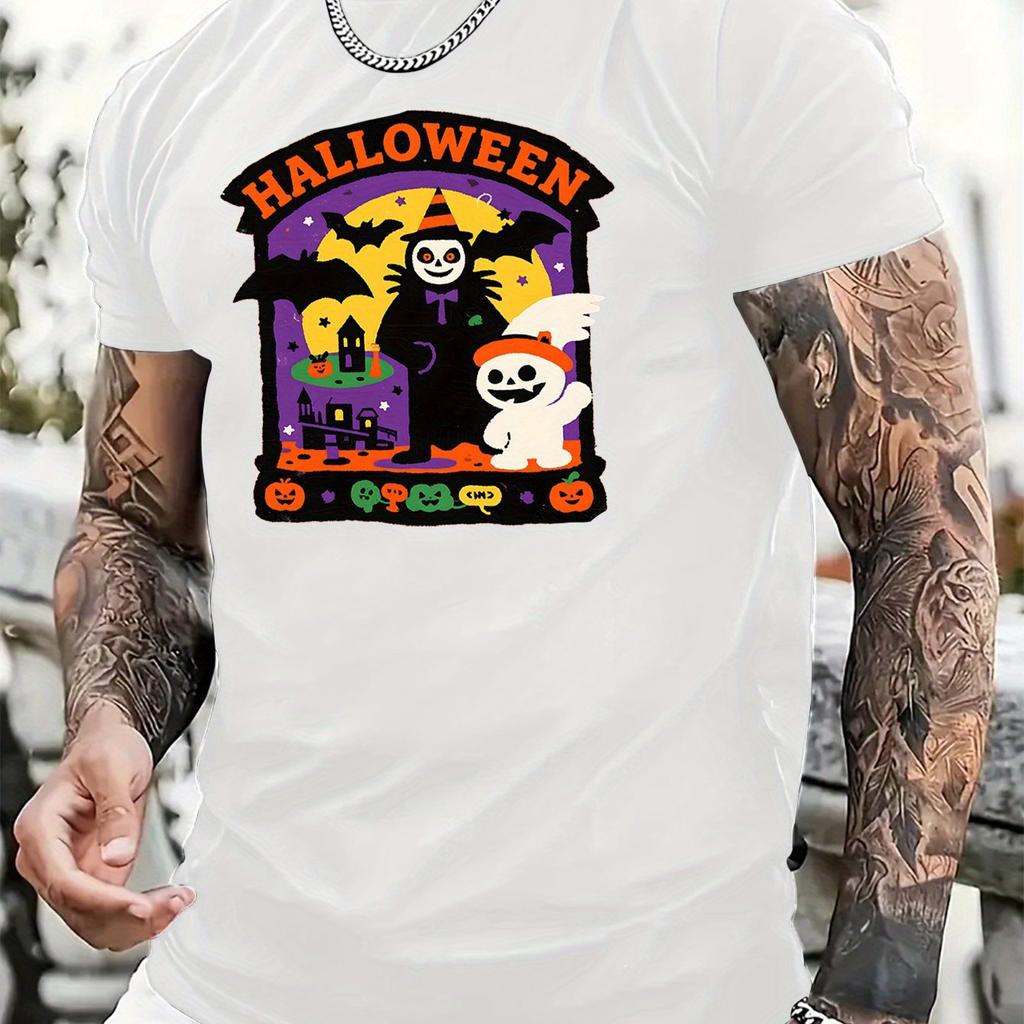 MenS Halloween TShirt Spooky Ghosts Bats Pumpkins Haunted House Print Black with Orange Lettering Casual Party Shirt