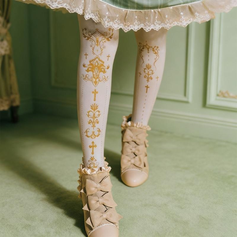 Women's Japanese Gothic Grunge Pantyhose Stockings Harajuku Aesthetic Crosses Print Opaque Tights Leggings Hosiery