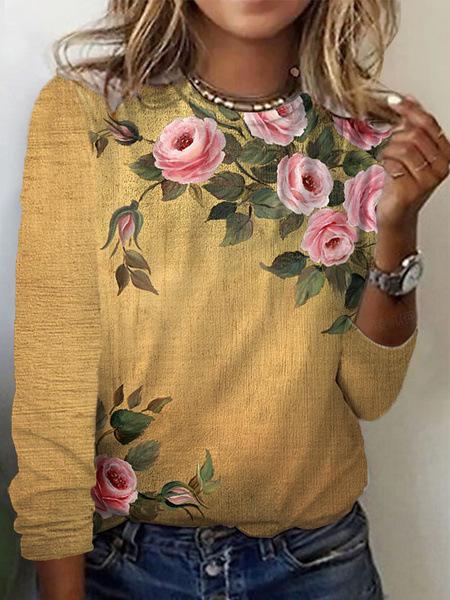 Round Neck 3D Flower Printed Top Fashionable Casual Long Sleeved Women's T-shirts