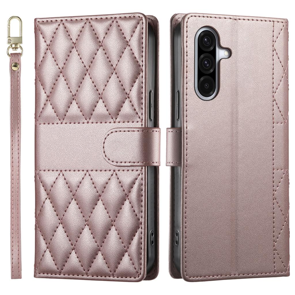 For Samsung Galaxy A56 5G Case Rhombus Stitching Wallet Stand Leather Phone Cover with Long/Short Strap