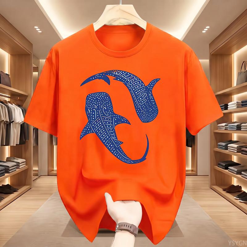 Men'S Print T-Shirt  Double Whale Totem Print Blue And White Contrast Design Casual Breathable