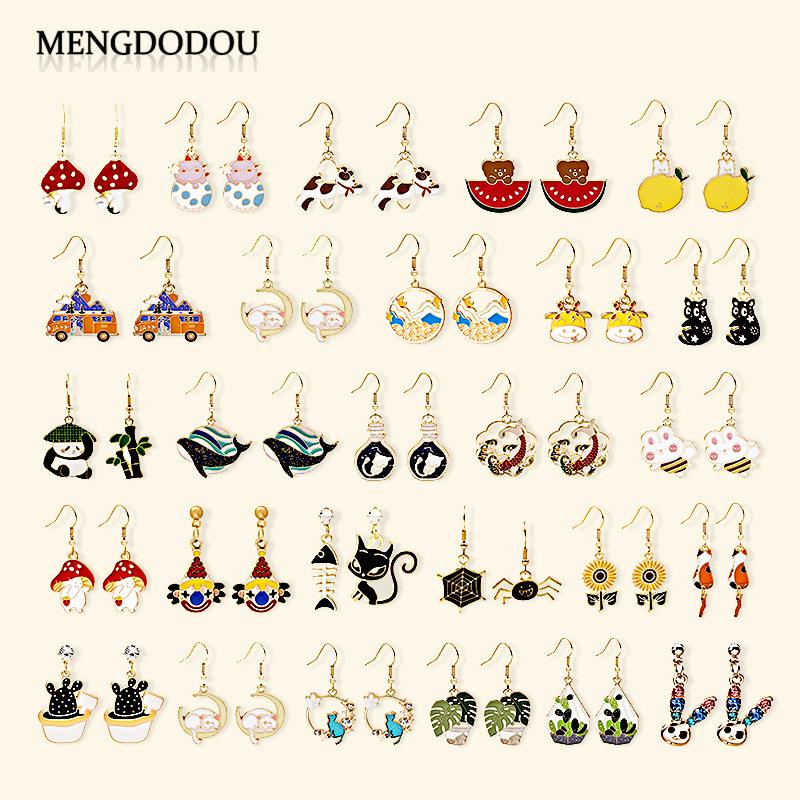 Fun Cartoon Asymmetrical Oil Drop Earrings, Guochao Panda Animal Fruit Earrings, Cute Mushroom Leaf Earrings