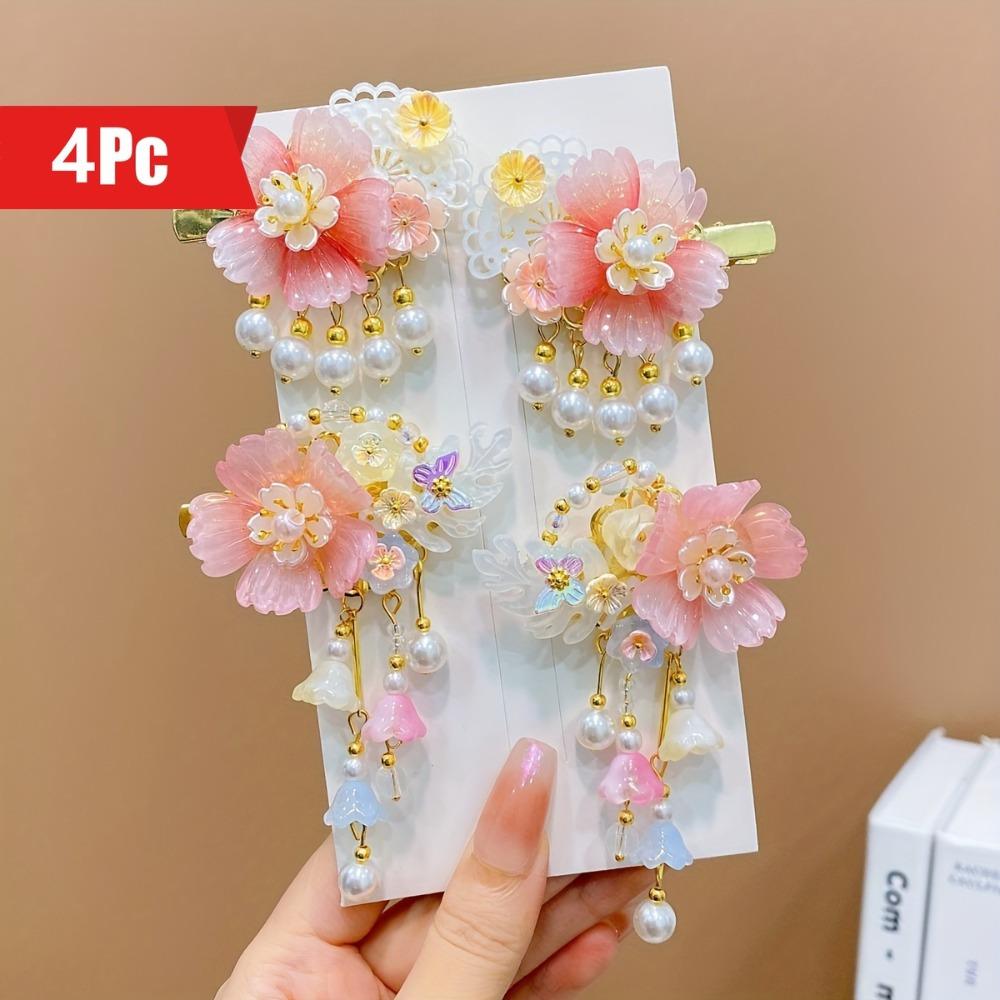 

4pcs girls sweet floral tassel hair clips, hair accessory set, ideal choice for gift giving, simple yet fashionable чистый