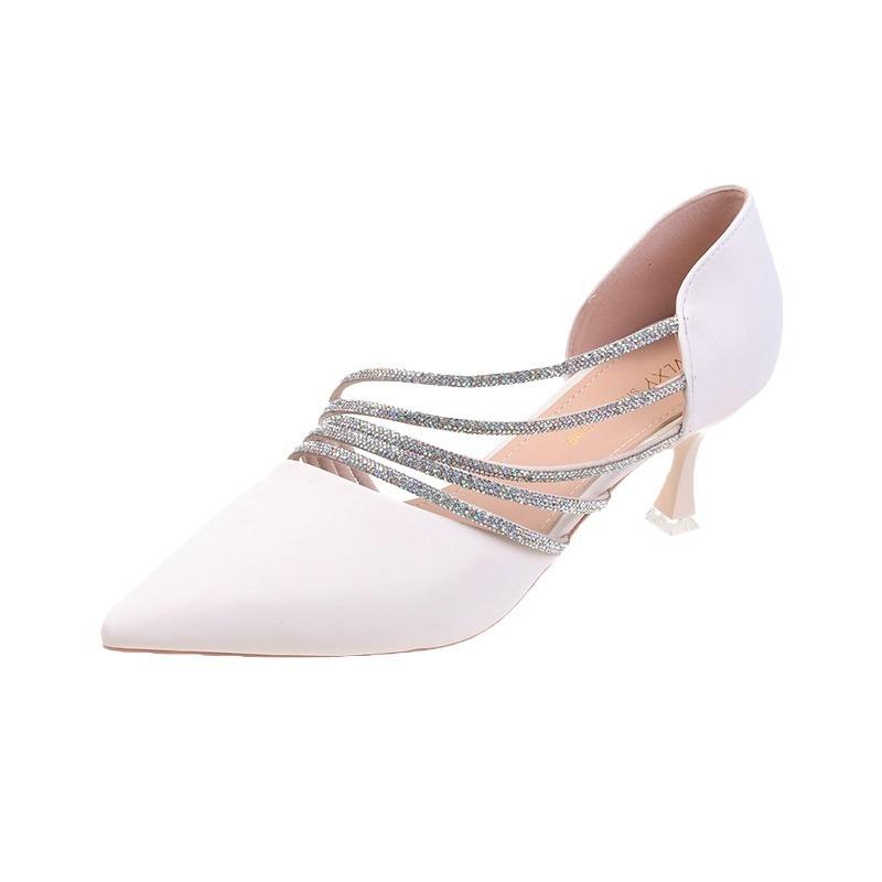 2025 summer new Korean version of fashion rhinestone hollow thin heel pointed head shallow mouth one pedal high heel sandals women's single shoes