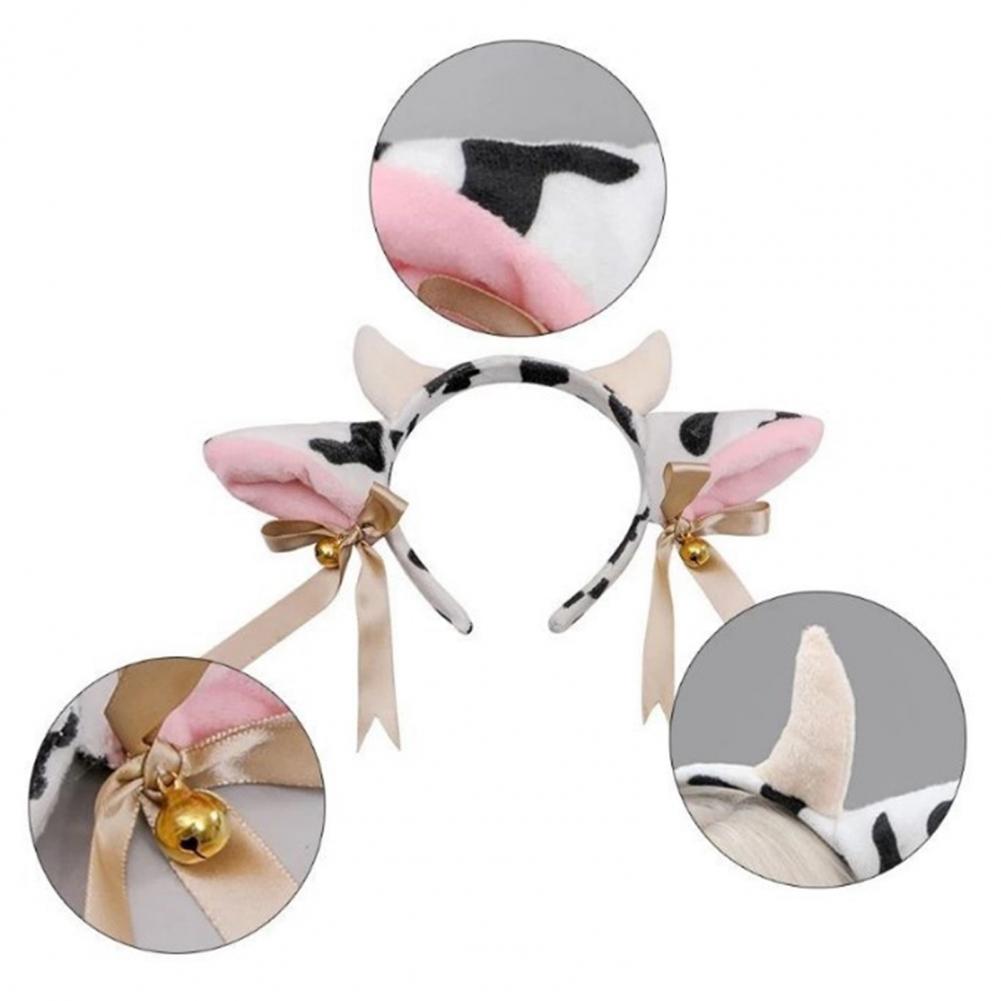 Women Hairband Milk Cow Ear Headband with Bowknot Ribbon Bell Decor Bendable Handmade Lightweight Headgear Costume Accessory