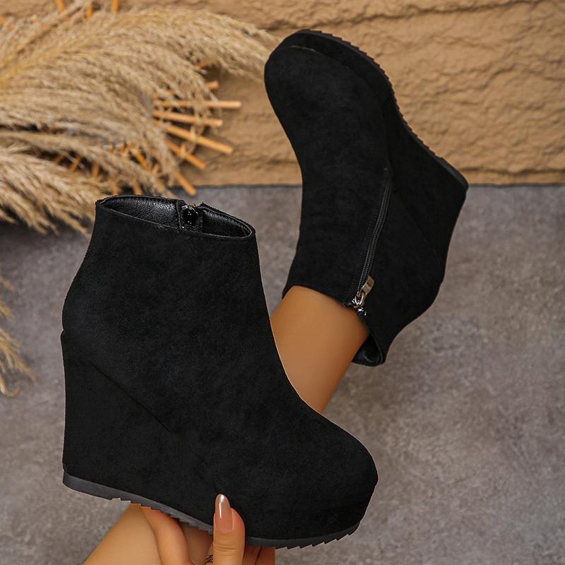 Fashion Black Wedge High Heel Ankle Boots Women Faux Suede Chunky Platform Boots Woman 2025 Plus Size 35-42 Zipper Short Booties Mujer