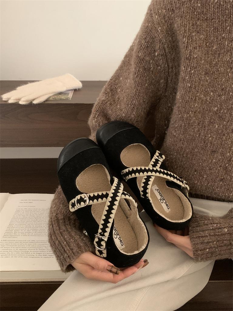 Fleece Single Shoes Female Autumn and Winter New French Temperament Fairy Ballet Gentle Evening Suede Flat Mary Jane Shoes
