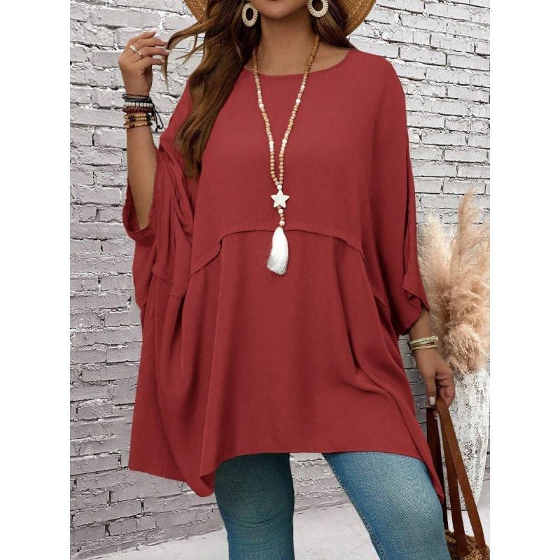 New Large Size Spring/Summer Loose Batman T-shirt Top Round Neck Fashion Casual Blouse Solid Color Irregular Elegant Shirts Loose Simple Long Tops