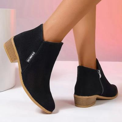 Fashion Women's Shoes On Sale 2024 Zipper Women's Boots Autumn Pointed Toe Solid Flock Short Barrel Chunky Heels Retro Roman Boots