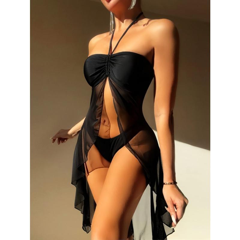 

Women s Pink Halter Mesh 3 Piece Swimsuit with Skirt Cover Up S чорний