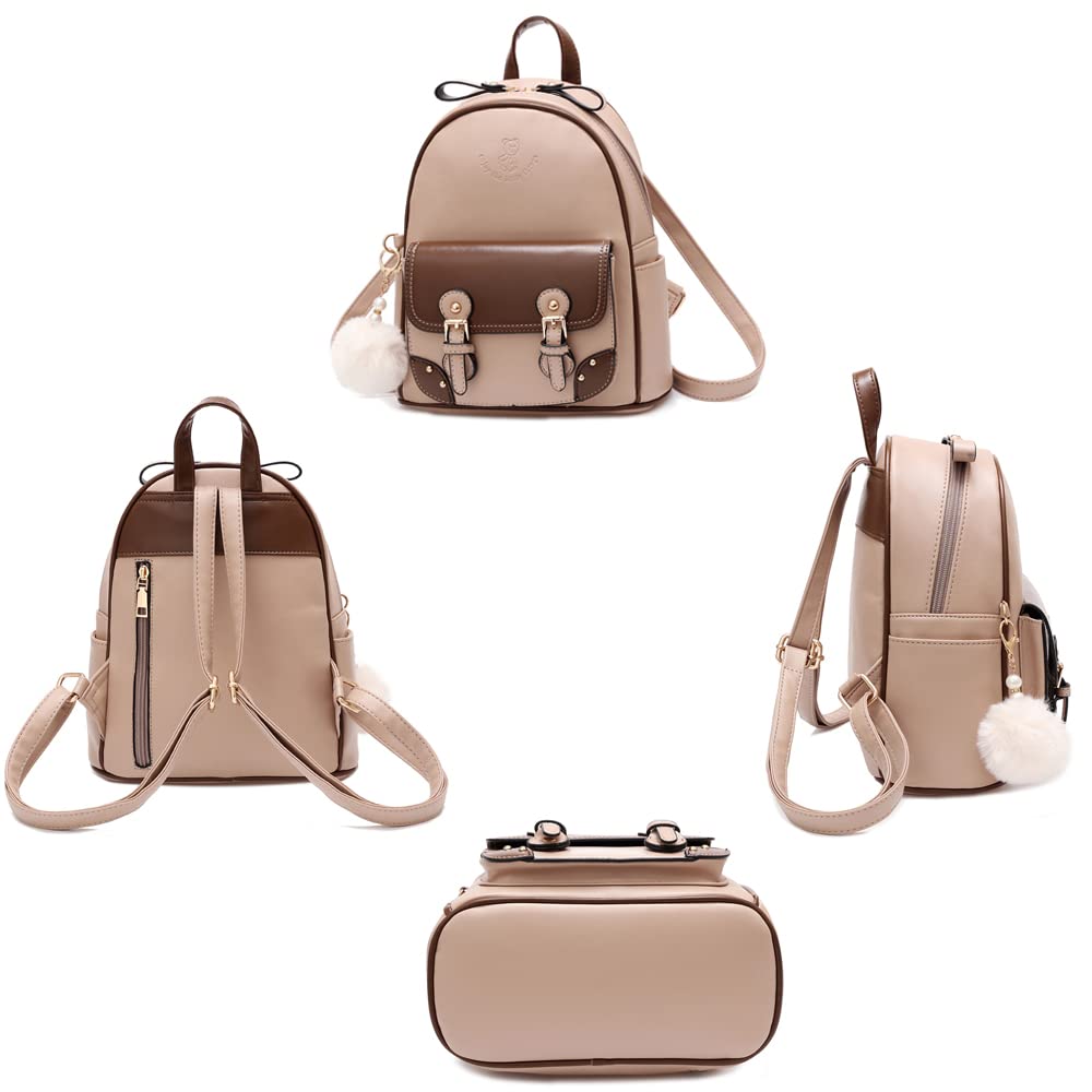 Manukori Women's Small Backpack, Cute and Water-Repellent Leather Backpack for Girls (Khaki)