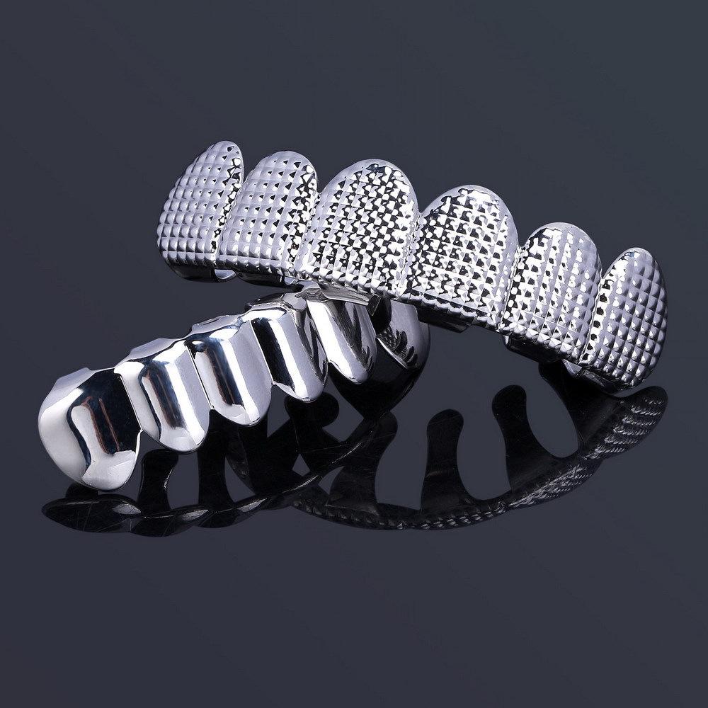 HIOHOP Lattice Pattern 18K Gold Plated Hip Hop Grillz - Top & Bottom Six Teeth Fashion Accessory.
