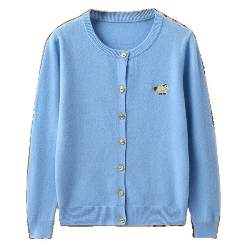 Women's Knitted Wool Cardigan with Round Neck and Small Horse Embroidery - 100% Pure Wool, New Autumn Collection.