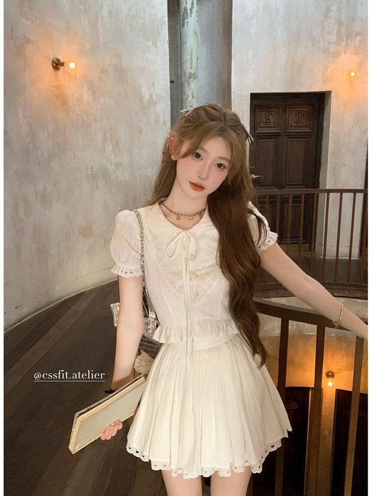 2026 Summer French Slim-fit Peter Pan Collar White Shirt and Embroidered Heart Skirt Set for Women