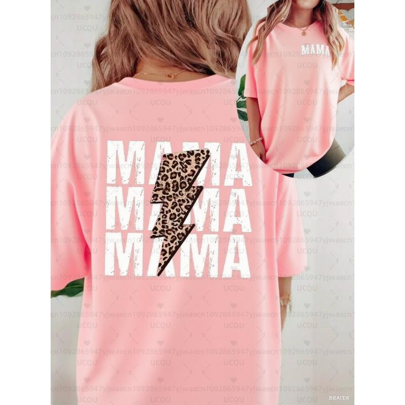Women's Short Skeeve Casual T-Shirt With Letter & Lightning Print MAMA MAMA MAMA Graphic Cheetah Print Tees Women Tops