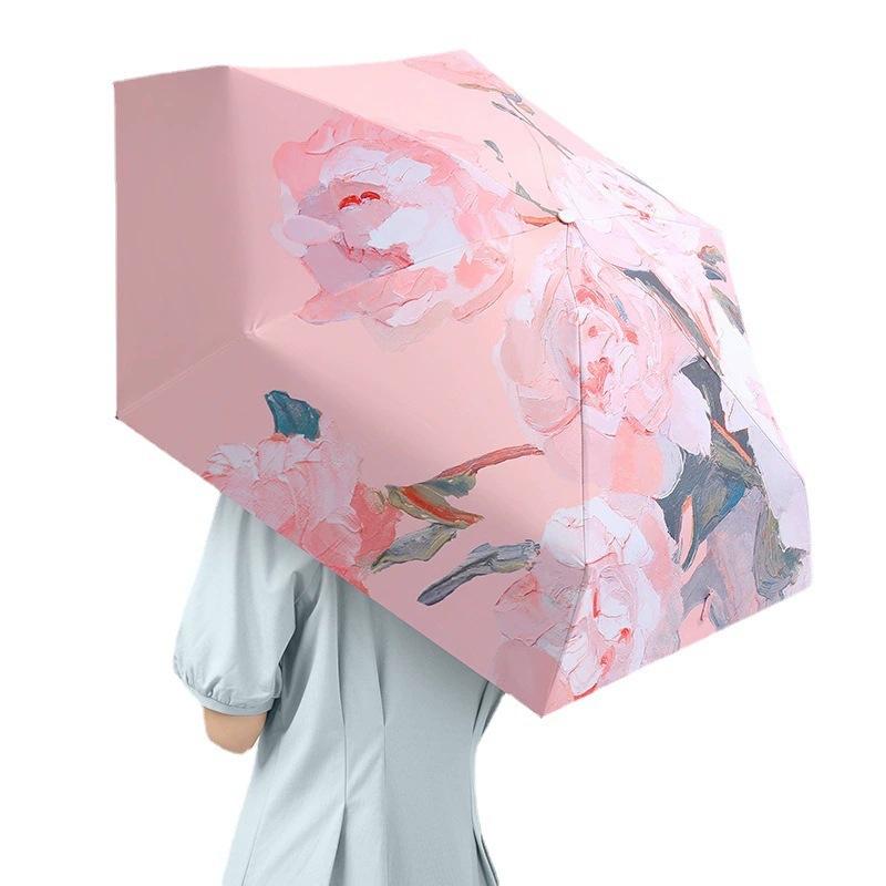 Mini Flat Pocket Umbrella Oil Painting Flower Anti UV Sunscreen Compact Folding Parasol