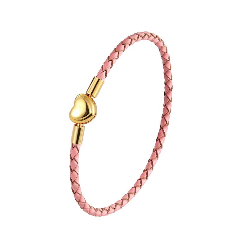 Fashion Women Gold Plated Lover Bracelet Bangle Leather Chain With Love STAINLESS STEEL Clasp Pan Bracelet Bead Charms Bracelet