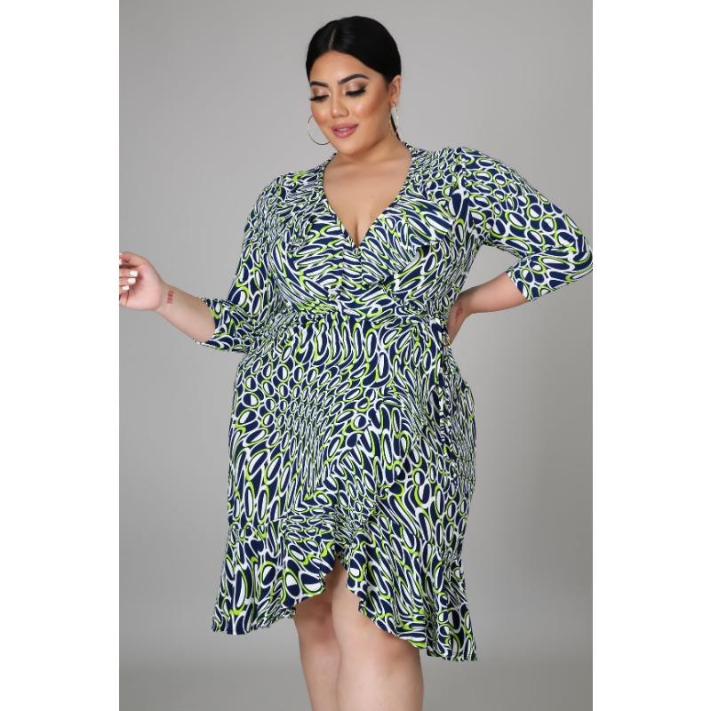 Elegant and Stylish V-neck Big Size Dress with Irregular Lotus Leaf Edge