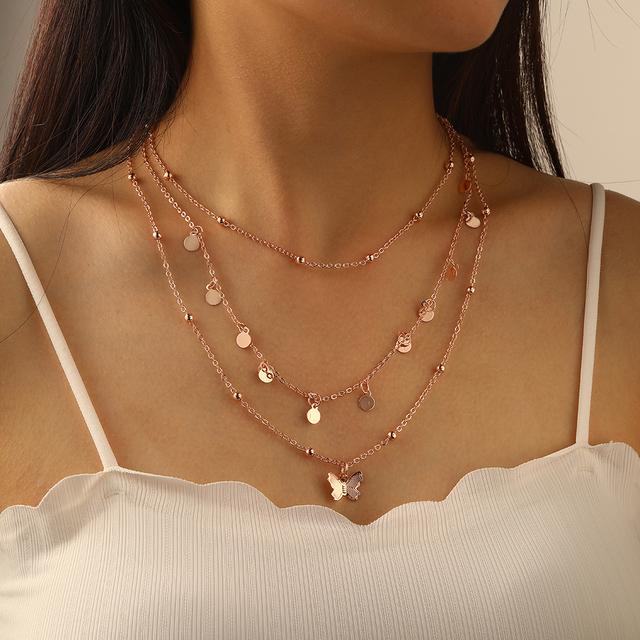 Boho metall flerlags sommerfugl halskjede for kvinner Vintage gullfarge perle paljett anheng choker halskjeder mote fest smykker