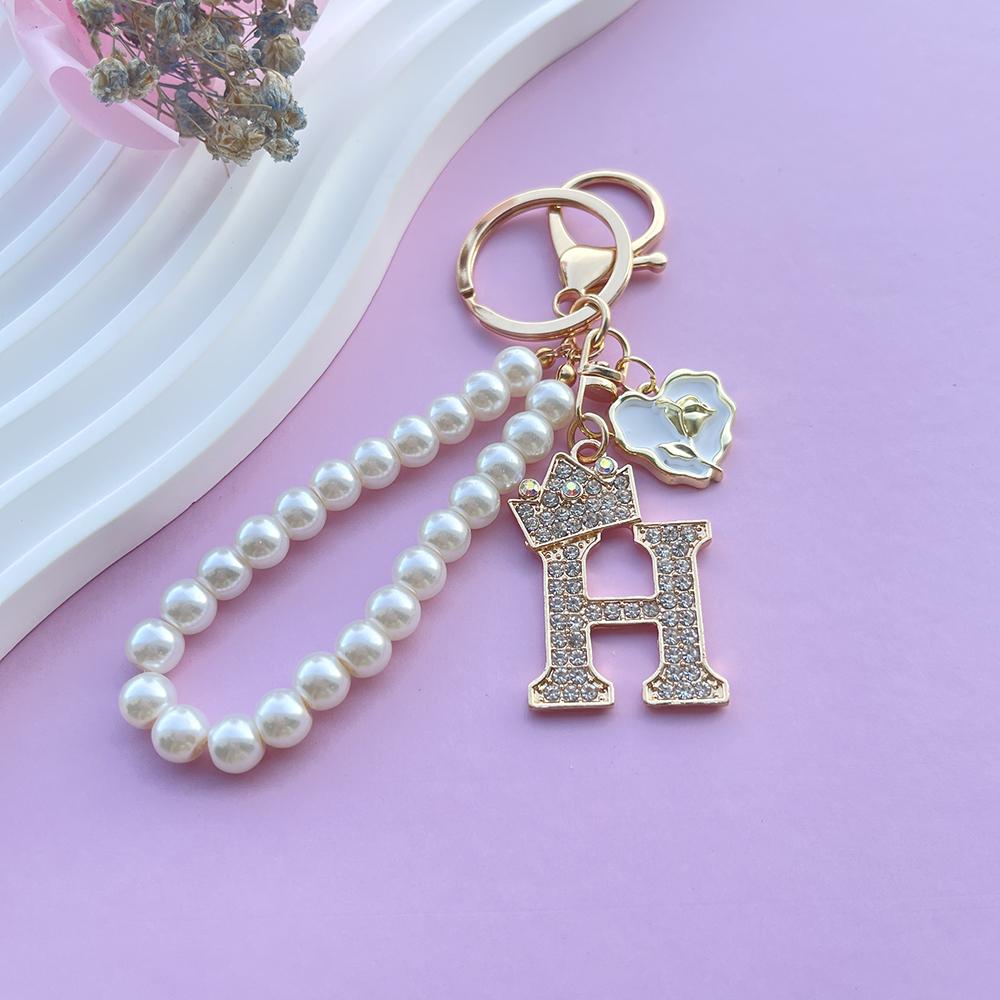 Boutique Crown A-Z 26 Initial Letters Rose Keyring Crystal Faux Pearl Resin Beaded Keychain Bag Pendant Women Girl Gifts Jewelry