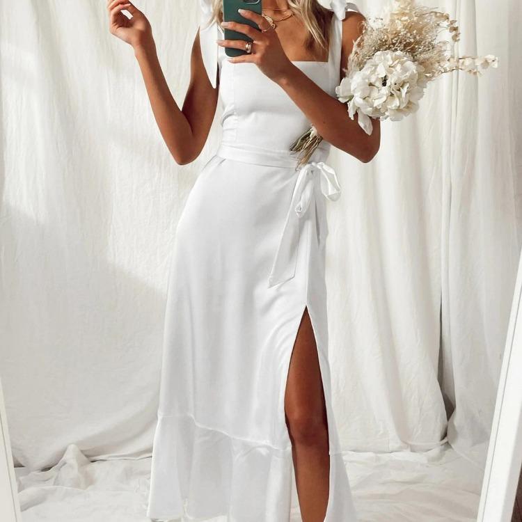 Women Summer Casual Sleeveless Spaghetti Strap A-Line Dress High Waist Long Split Solid Color Dresses