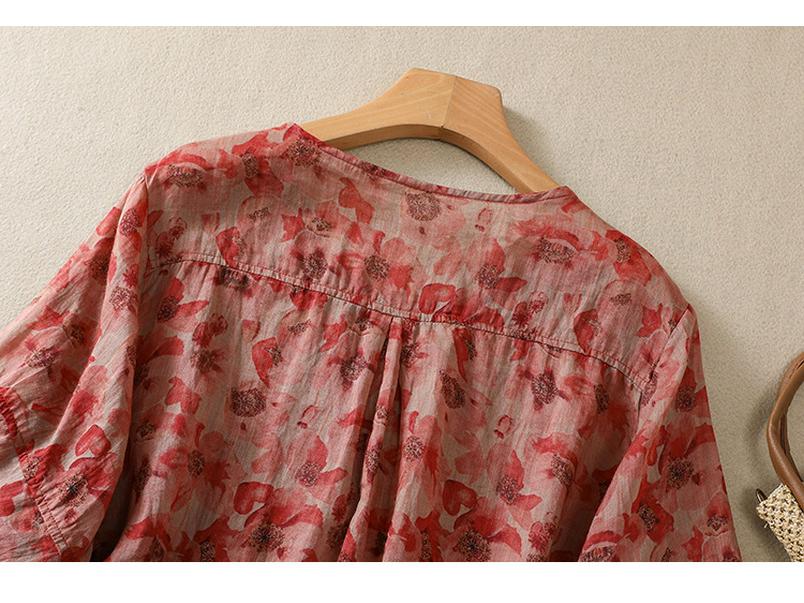 2025 Summer Floral Print Puff Sleeve Round Neck T-shirt