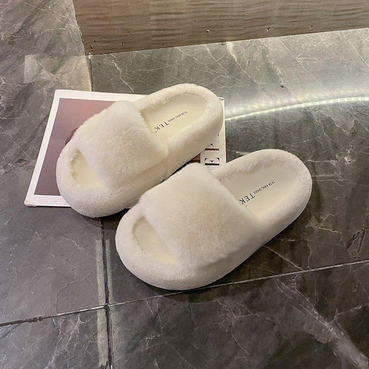 

[youshilai] Real rabbit fur slippers women wear autumn and winter plush wool shoes one-word cotton slippers 40