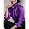 Women ruffled stand collar satin three quarter sleeve shirt multi color slim fit rhinestone pearl brooch office elegant blouse