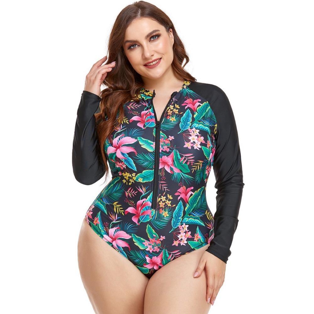Large-size Long-sleeved Women's Swimwear Round Neck Zipper Print Splicing One-piece Swimsuit