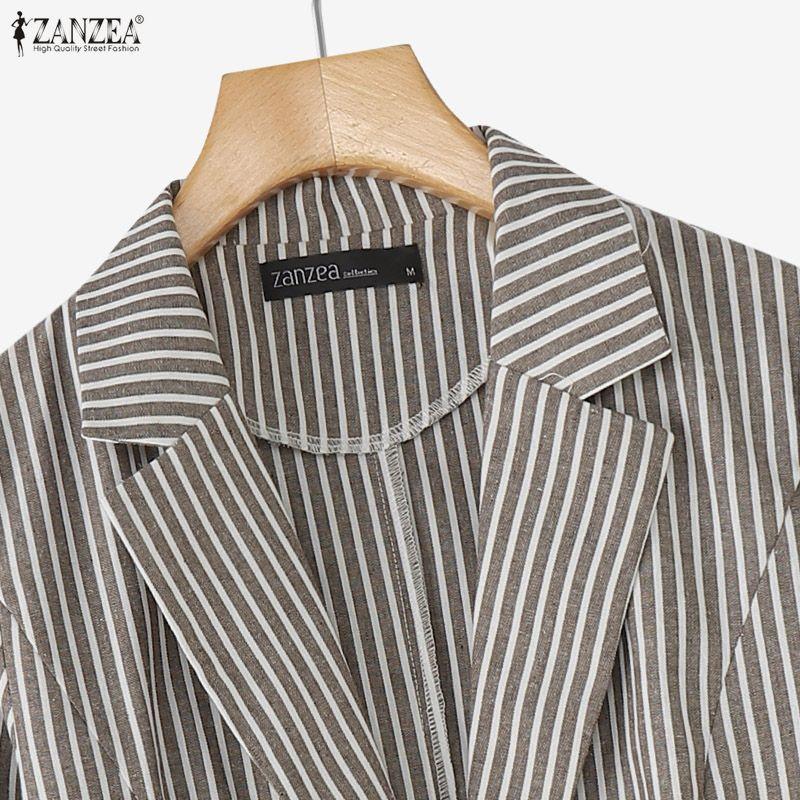 ZANZEA Women Turn Down Collar Casual Long Sleeve Stripe Cardigan Blazer