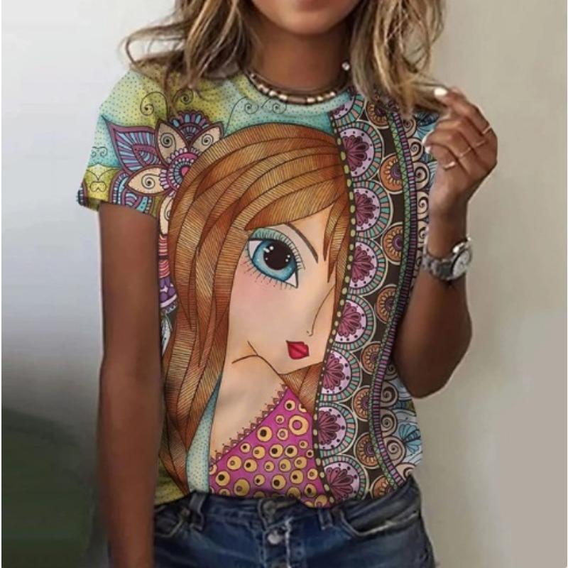 Fashionable Female Portrait 3D Printed Women's Top Harajuku Versatile Round Neck Short Sleeved T-Shirts (women’s